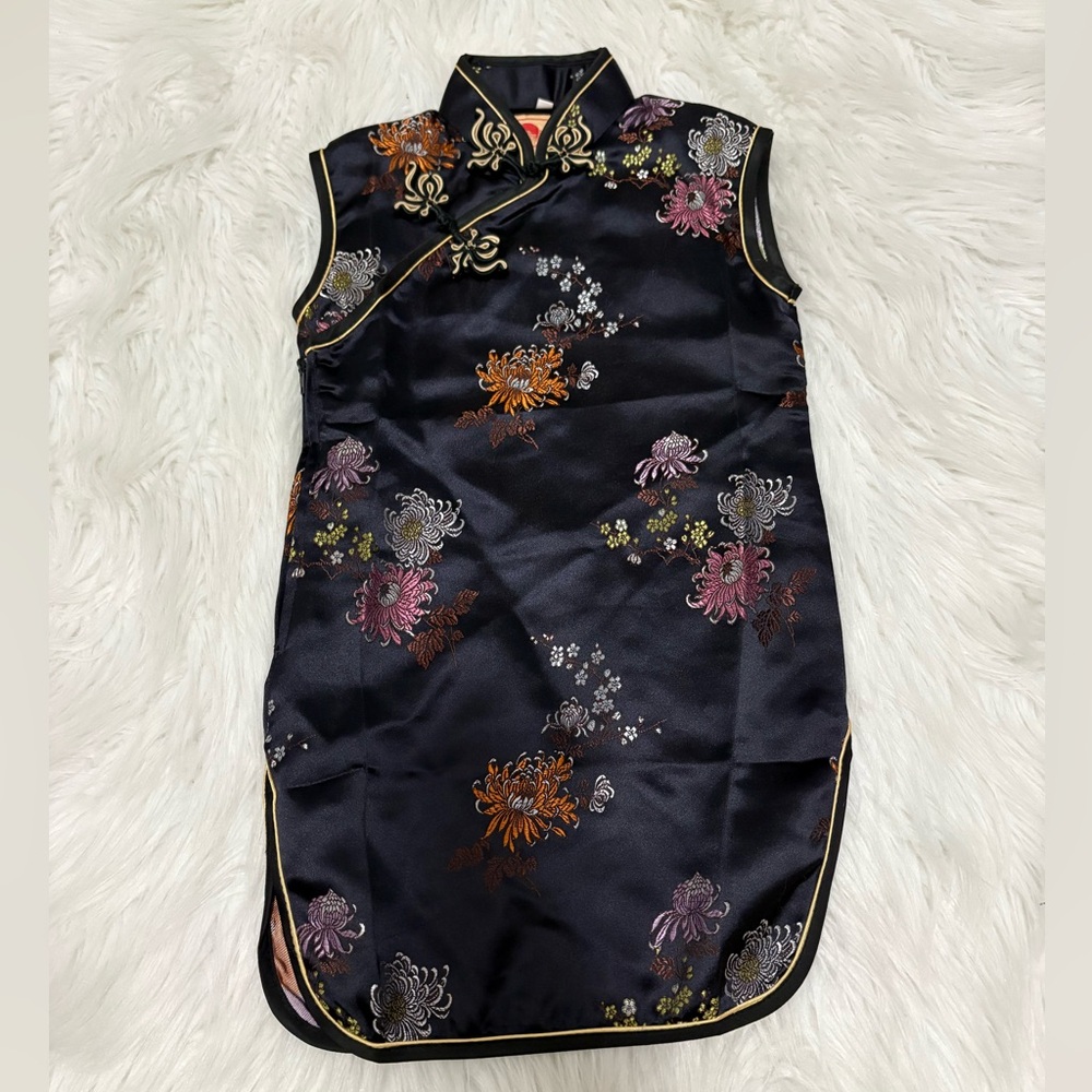 Kids Jin Feng Black Floral Satin Traditional Chinese Cheongsam Dress